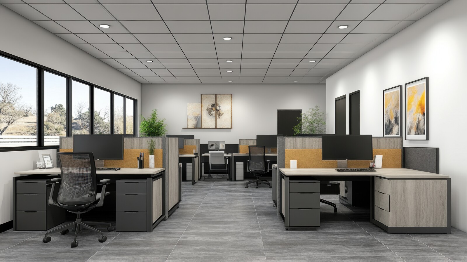 contemporary shared office with modular workstations, clean design, and functional decor