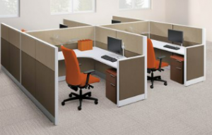 modern office full of brown cubicles