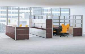 office cubicles and desks in bright, open office